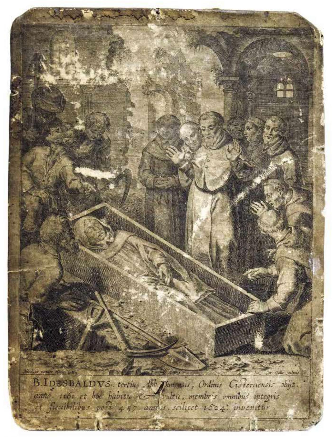 Verbijstering over de vondst van de loden kist met het ongeschonden lichaam van Idesbald - gravure C. Galle naar N. van der Horst 1624
