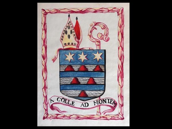 Het wapen van Martinus Collé, geschilderd in het behandelde drukwerk  (Grootseminarie Brugge - foto door Abdijmuseum Ten Duinen)